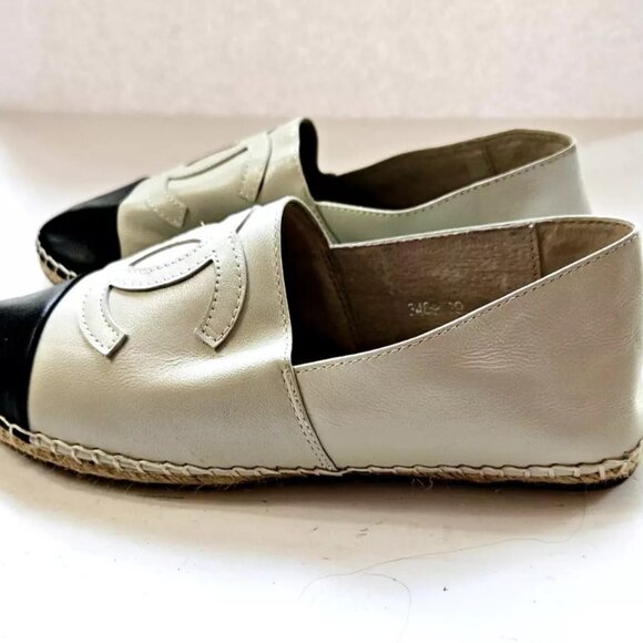Chanel CC Logo Lambskin Espadrille Flats Cap Toe Black Beige Women's EU 39 US 8 - Picture 5 of 11